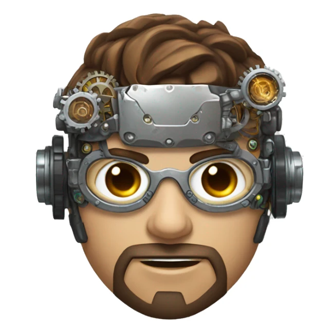 male cyborg head with brown short hair, brown beard, silver steampunk goggles and circuitry sticker