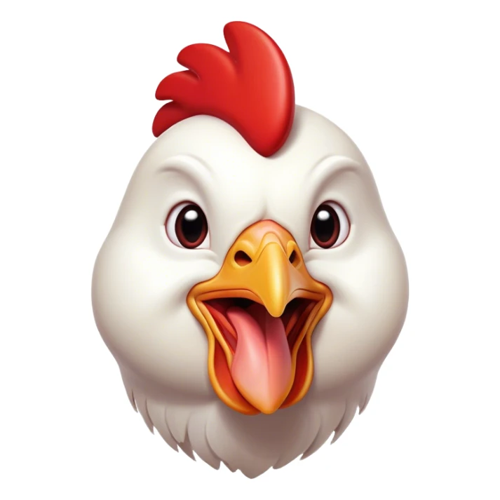 Cinematic Comical White Chicken Portrait Emoji, Head tilted dramatically with an exaggeratedly shocked or amused expression, featuring a sleek, immaculate white plumage with a prominent red comb, wide, expressive beady eyes filled with playful disbelief, Simplified yet hilariously expressive features, highly detailed, glowing with a slightly sassy glow, high shine, dramatic yet playful, stylized with an air of cheeky mischief, bright and endearing, soft glowing outline, capturing the essence of a spirited and over-the-top chicken, so meme-worthy it feels like it could cluck its way into internet fame instantly! sticker