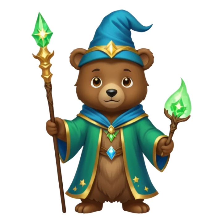 A young bear wizard with a glowing green spell, golden staff and starry blue robes sticker