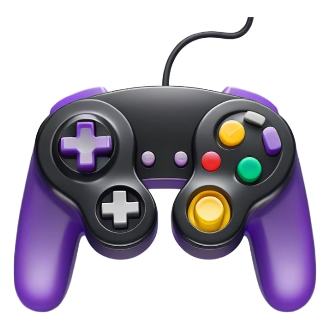 Clash of Clans aesthetic: Cinematic Playful GameCube Controller Portrait Emoji, rendered in a 3D vector-style similar to standard emojis with minimal shading and bold, simplified shapes. A compact, distinct form with signature details, softly glowing with a nostalgic gaming charm. Simplified yet unmistakably iconic, highly detailed and consistent, glowing with a soft radiance and high shine. Stylized with a touch of retro gaming magic and a soft glowing outline, capturing the essence of a beloved gaming relic with a friendly, playful manner! sticker
