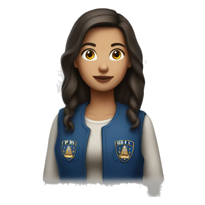 brunette girl wearing a blue vest that says FBI sticker