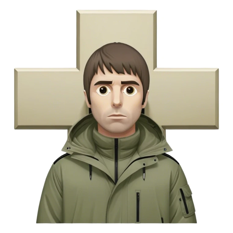 Liam Gallagher on cross like Jesus but with a parka and adidas sticker