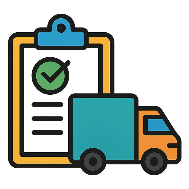a clipboard with a checkmark and a delivery truck sticker