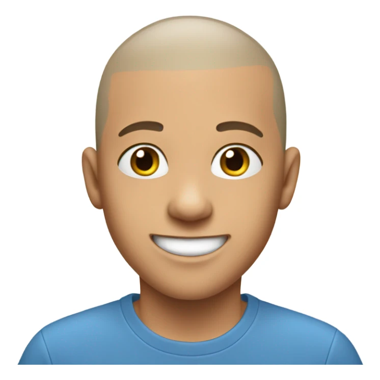smiling boy in blue shirt with shaved head sticker