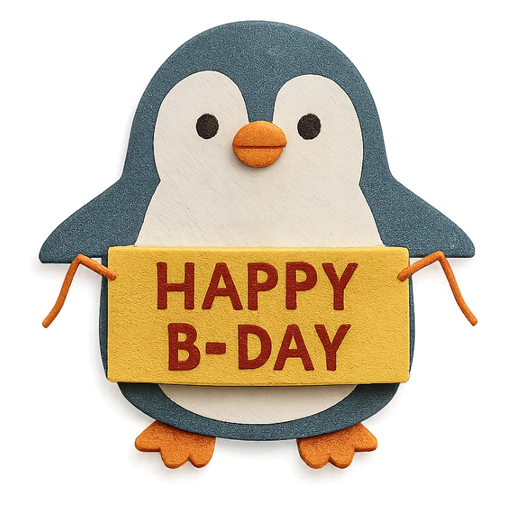 penguin holding a "Happy B-Day" banner, paper-craft style sticker