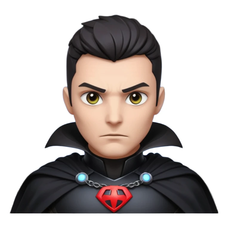 dark sci-fi villain portrait, head and shoulders only, black armor, cape collar, intense eyes, dramatic lighting, 3D cartoon, mobile game icon, clean background, no text
 sticker