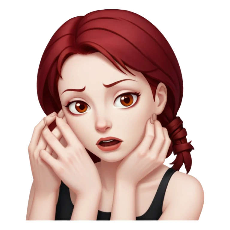 Woman with dark red hair and brown eyes strangling herself sticker