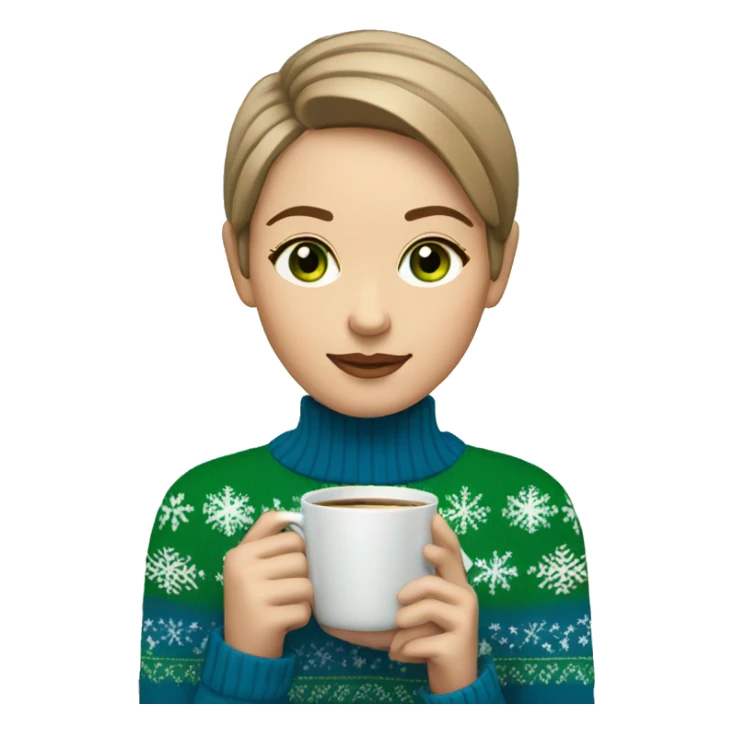 Light brown short haired girl with green eyes drinking coffee wearing blue Christmas sweater sticker