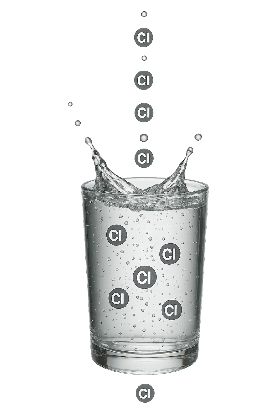 un bicchiere di acqua cade verticalmente dall'alto realistico e dettagliato, dentro l'acqua del bicchiere ci sono particelle di cloro ben visibili con la scritta "Cl" sopra, ci sono particelle anche che escono dal bicchiere e fluttuano in aria verticalmente, mentre alcune sono all'interno dell'acqua nel bicchiere, iperrealistico 4k sticker