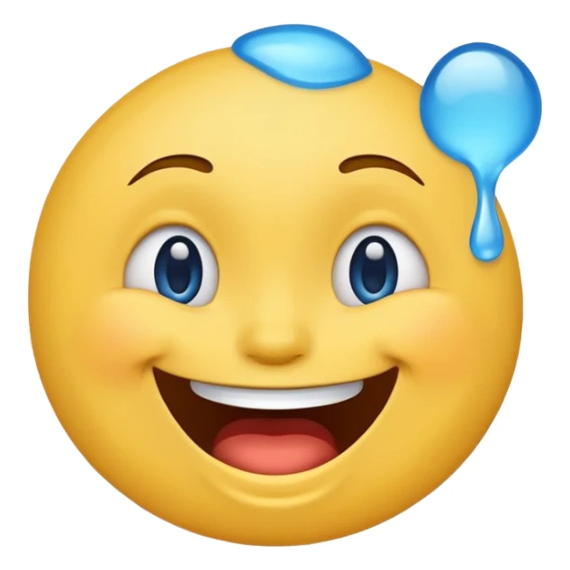 Emoji, yellow round laughing tilted head face sideways with blue tears of fun sticker