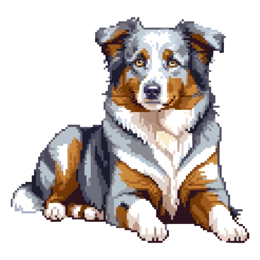 Merle Australian Shepherd dog laying down, blue merle coat, relaxed sticker