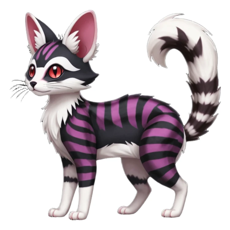 Hyper realistic  void-black fur haunted by crimson neon pulse-lines like living circuitry beautiful elegant pretty precious cute  Fakémon-Pokémon-opossum-feline-serval-caracal-chinchilla-Furret-Minccino-hybrid-creature with a big fluffy bushy tail (full body) sticker