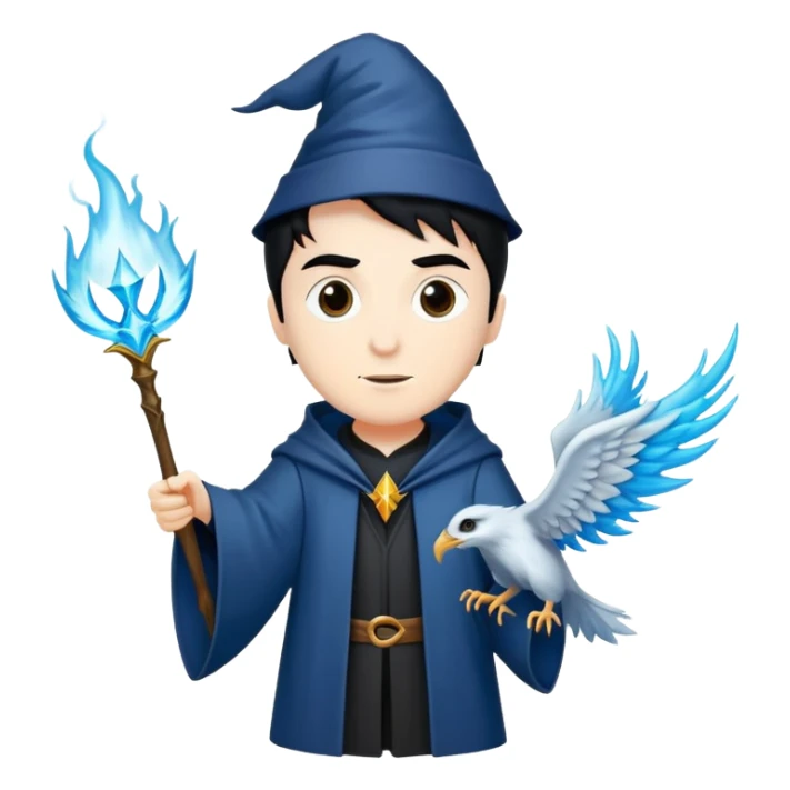Generate a white skin, black hair wizard from gryffindor, harry potter universe, with his Phoenix patronus sticker