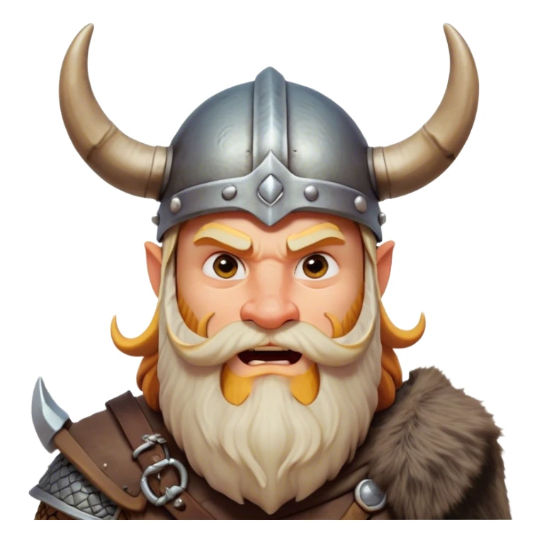 Clash of Clans aesthetic: Cinematic Comical Viking Portrait Emoji, Head tilted dramatically with an exaggerated, fun expression and wide, comically expressive eyes, featuring a rugged yet cartoonish build with a quirky Viking helmet with oversized horns and a playful beard, his face rendered in natural skin tone, Simplified yet hilariously expressive features, highly detailed, glowing with a slightly sassy, vibrant radiance, high shine, dramatic yet playful, stylized with an air of cheeky Nordic mischief, soft glowing outline, capturing the essence of a meme-worthy Viking bringing humor to epic adventures! sticker