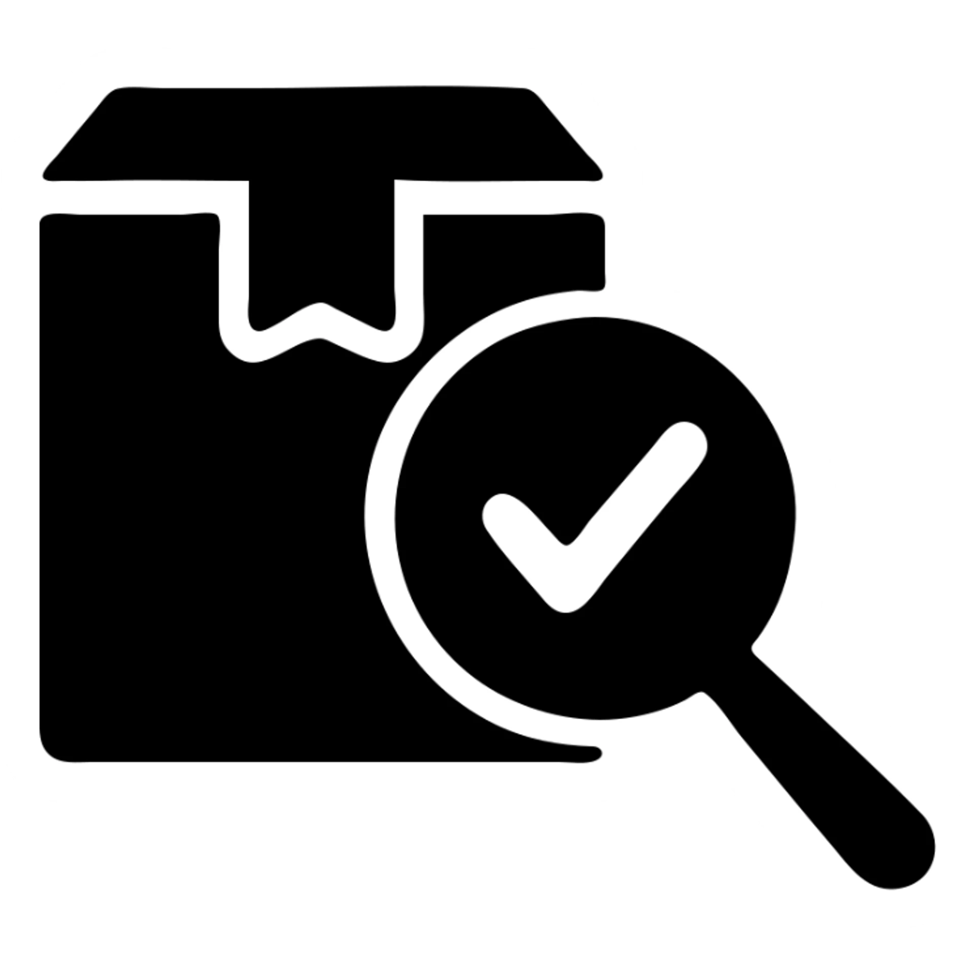 icon of a magnifying glass inspecting a product with a checkmark sticker
