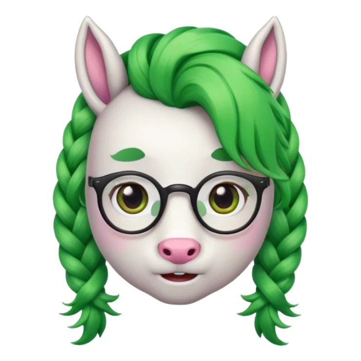 braided unicorn face wiith big visible braids looking into the camera spectacled green hair and no ears sticker