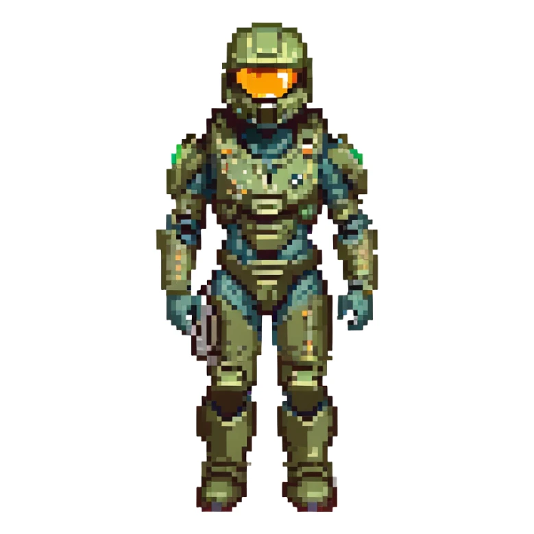 Master Chief, Halo series, visor glowing, battle-worn armor, standing ready, sci-fi background, pixel art style sticker