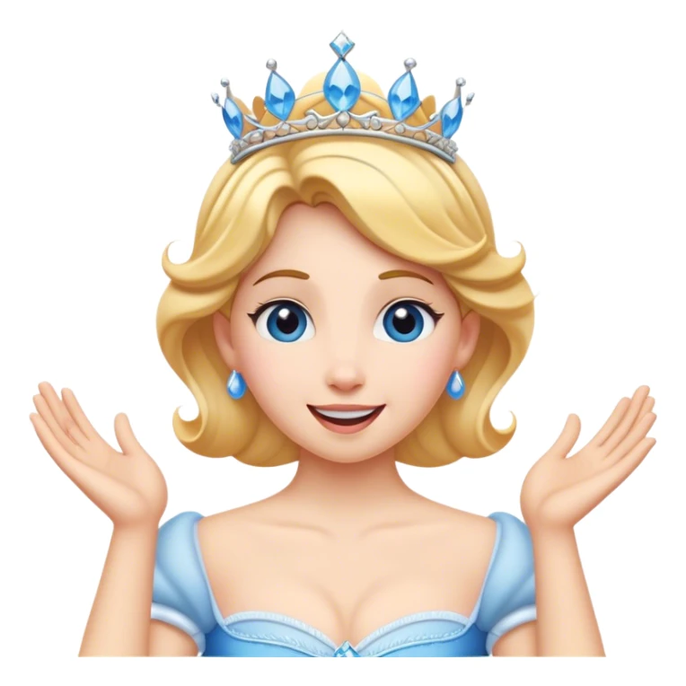 Cinematic Playful Cinderella Portrait Emoji, Blushing with excitement, hands clasped near her heart, eyes wide with anticipation, her tiara slightly askew from an unexpected twirl, a radiant princess caught in a moment of joy, utterly captivating! sticker