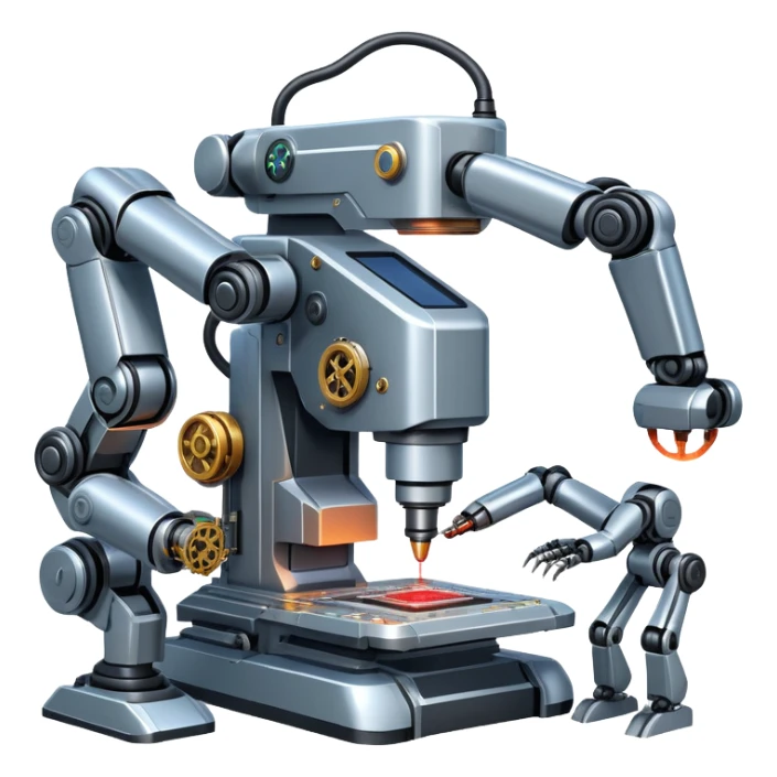 An icon featuring a giant robotic machine welding a large microchip with a laser, using two robotic arms. The design includes circuit boards, gears, and technical schematics, symbolizing advanced engineering and automation. Transparent background highlights the fusion of technology sticker