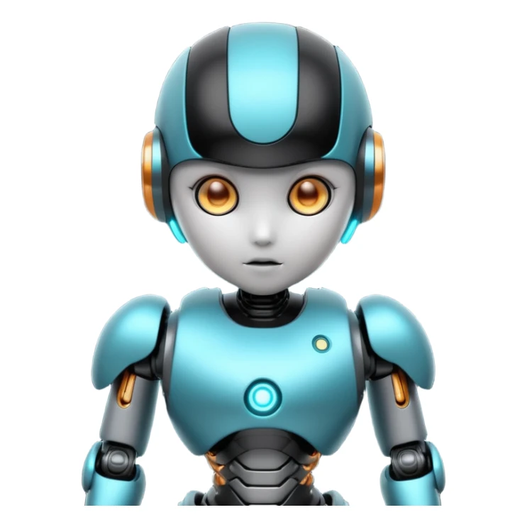 Cute futuristic chibi humanoid robot with large rounded head, glossy black and grey metal body, glowing cyan and amber eyes, visible joints, confident pose, white background, high-detail 3D render, LMX text on chest. sticker