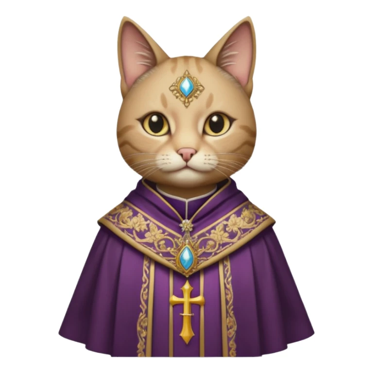 “Half-body humanoid figure with a realistic cat face, wearing ornate bishop robes and a mitre, dark gothic background, dramatic lighting, sticker