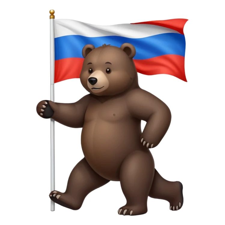 Medium-dark brown bear on four legs with Russian tricolor flag (white, blue, red horizontal stripes) on its back, realistic features sticker