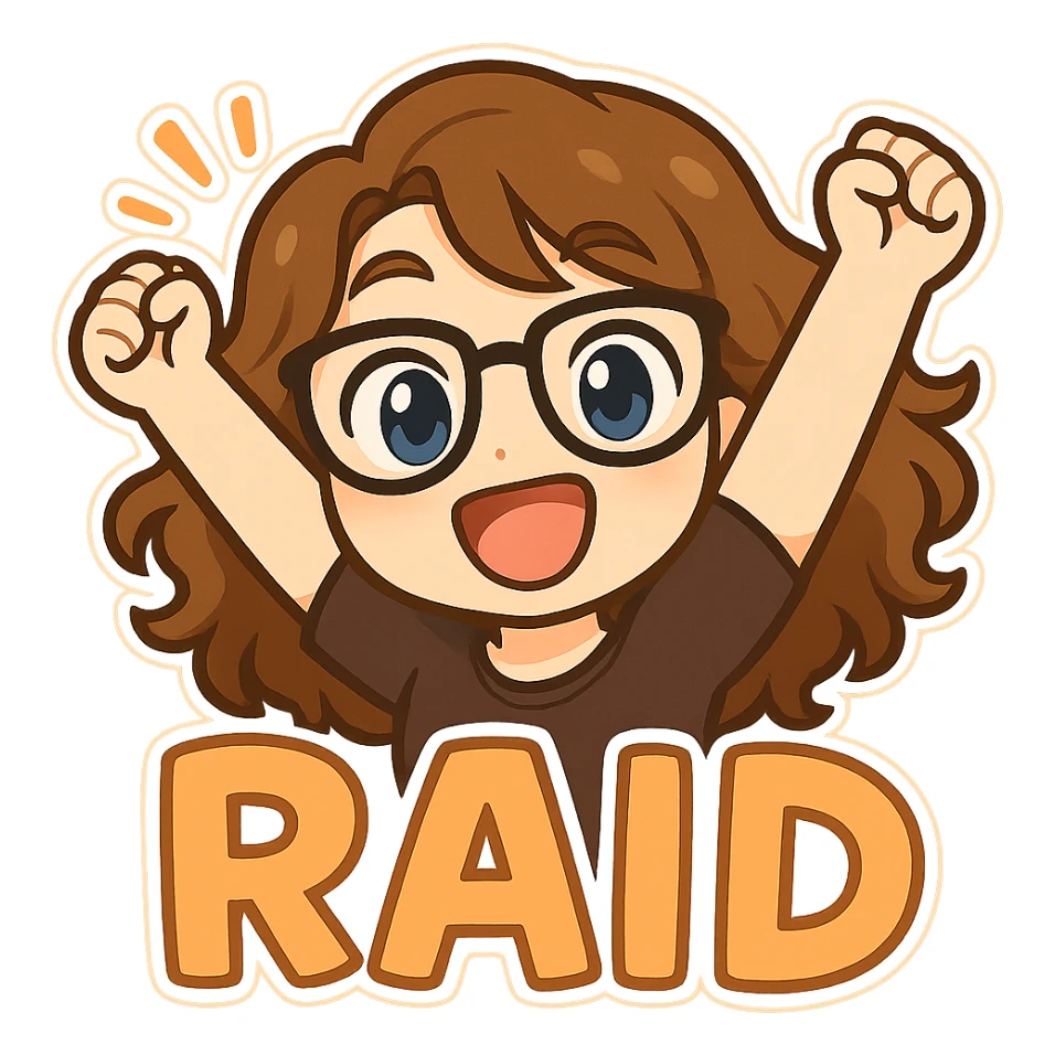 Create a chibi sticker emoji of this person in an energetic pose, with the word 'RAID' in cute, bold lettering matching the chibi style. Use a transparent background. sticker