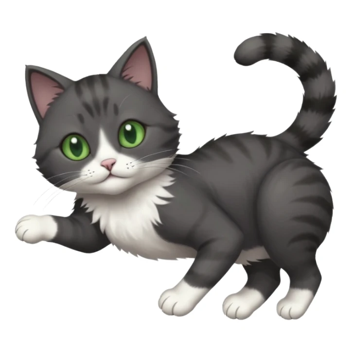 solid dark grey cat with green eyes, white toes/paws and white patch on her chest playfully rolling upside down sticker