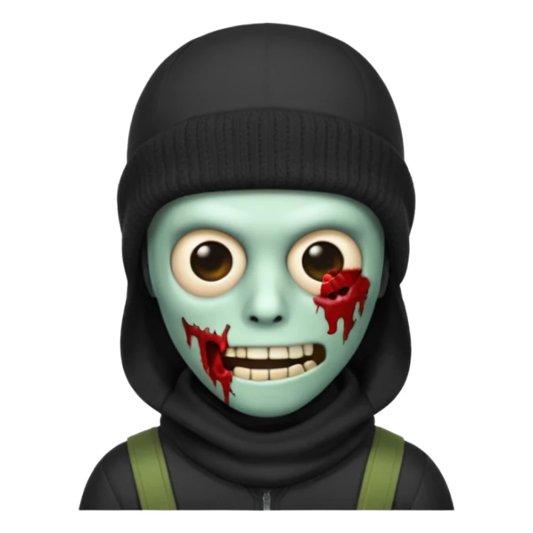 Zombie Emoji AppleIOS Style, Black Hair, SkiMask on Sideways Head, and Black shirt sticker
