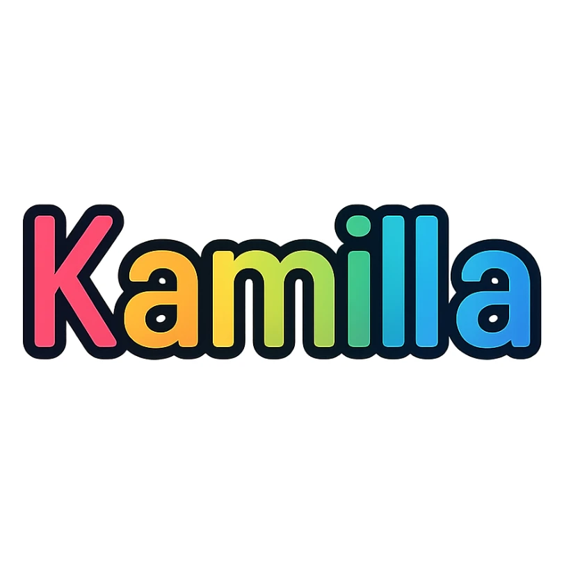 Kamilla name in colorful gradient modern font with dark outline, transparent background, in the style of sample images sticker