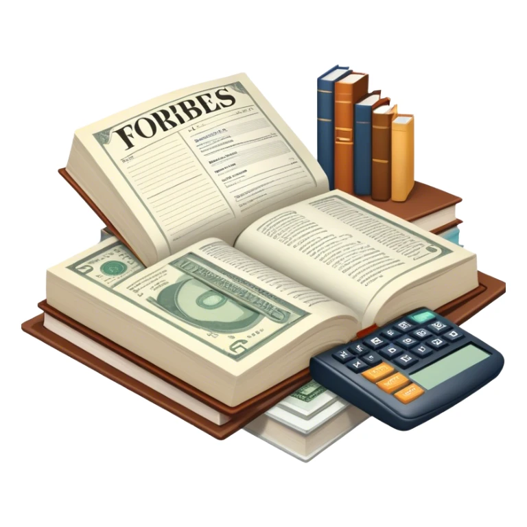 Icon for Business Reading: an open book with graphs, numbers, percentages, formulas, and text on the pages, next to a stack of books, a pile of dollars, a calculator and business magazines like Forbes. Transparent background. sticker