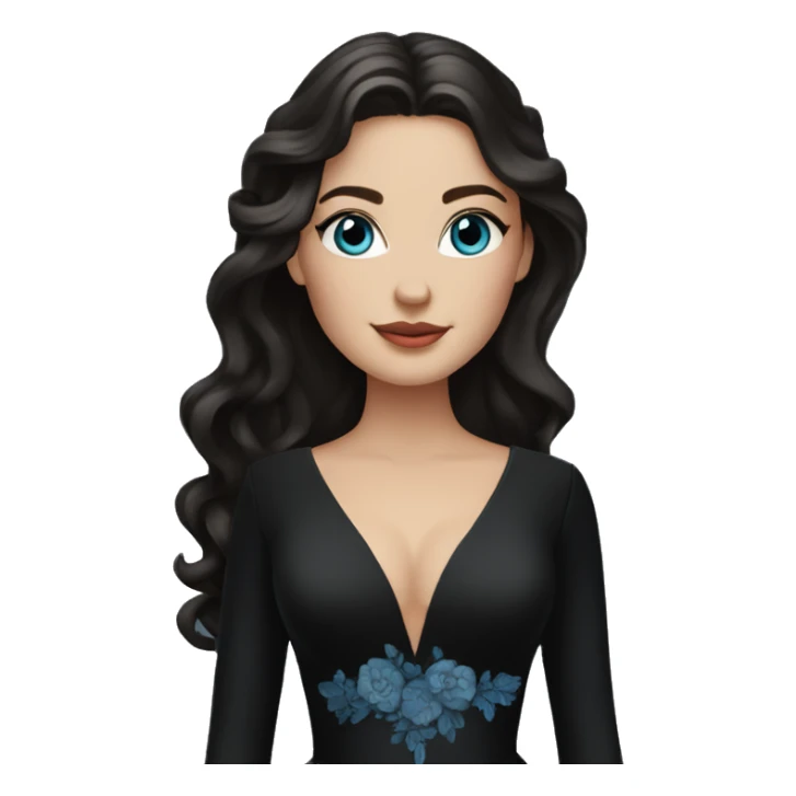 white bride with wavy dark brown long hair and blue eyes wearing a black deep v neck wedding dress with long sleeves sticker