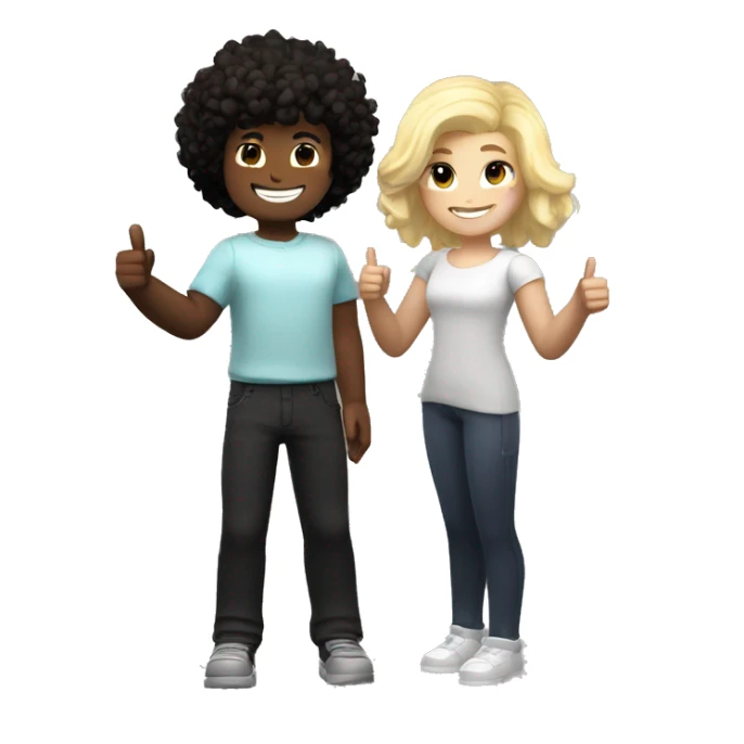A black, curly dark-haired Roblox girl and a white-skinned, blonde-haired Roblox boy standing together. Both of them giving a thumbs up and smiling sticker
