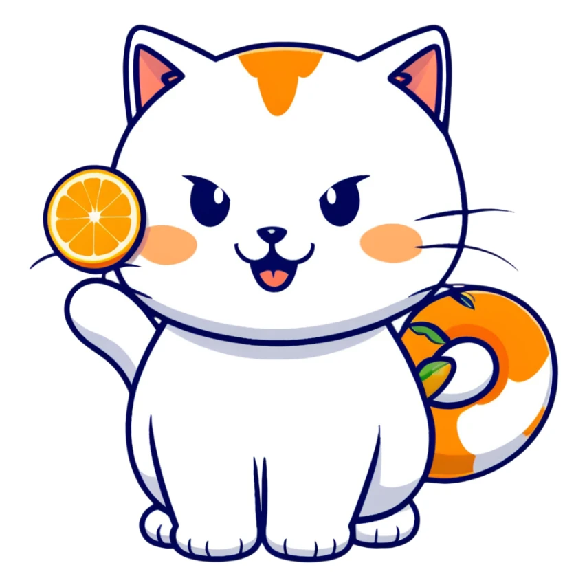 Cartoon orange cat eating an orange fruit that has a cat face on it sticker