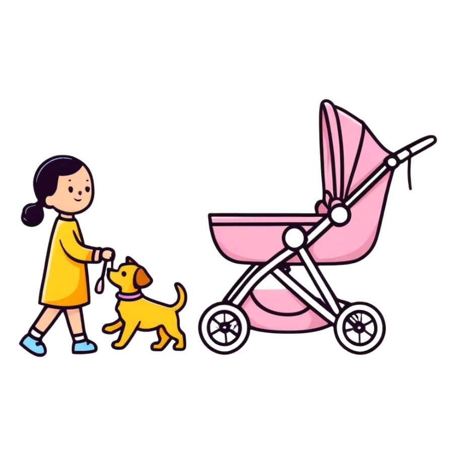 girl walking a dog in a stroller with bold lines sticker