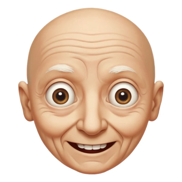 A bald person who’s very old is staring, head upright and looking at the camera with very wide eyes and a massive smile, in a very creepy way. sticker