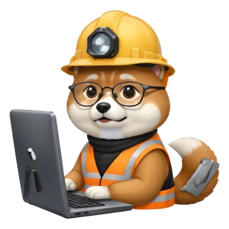 shiba inu with eye glasses and computer wearing a hard hat sticker