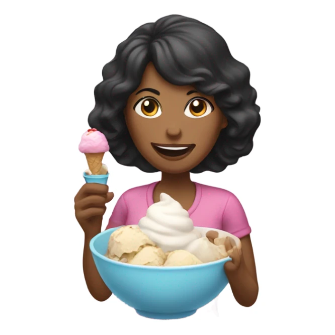 A mid age woman with black hair eating ice cream sticker