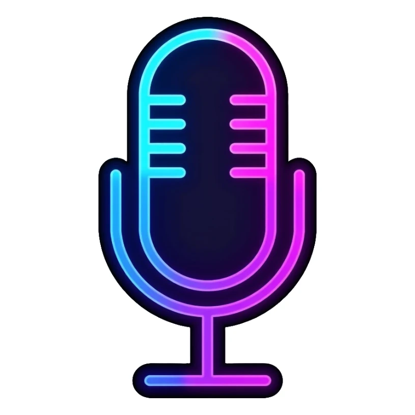 desktop studio microphone with neon glow effect, blue and purple neon glow on top left, pink neon glow on bottom right sticker