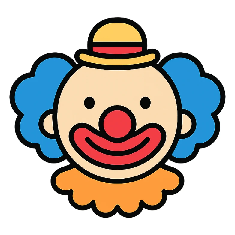 clown face, color icon style, playful colors, outlined, cheerful expression sticker