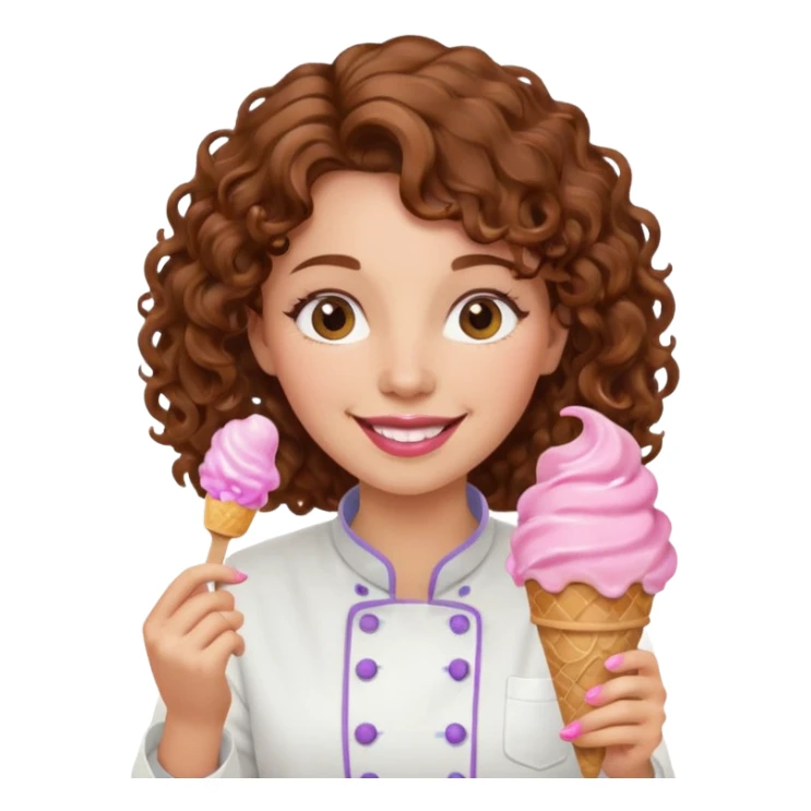 woman brown curly hair, chef, eating pink ice cream sticker