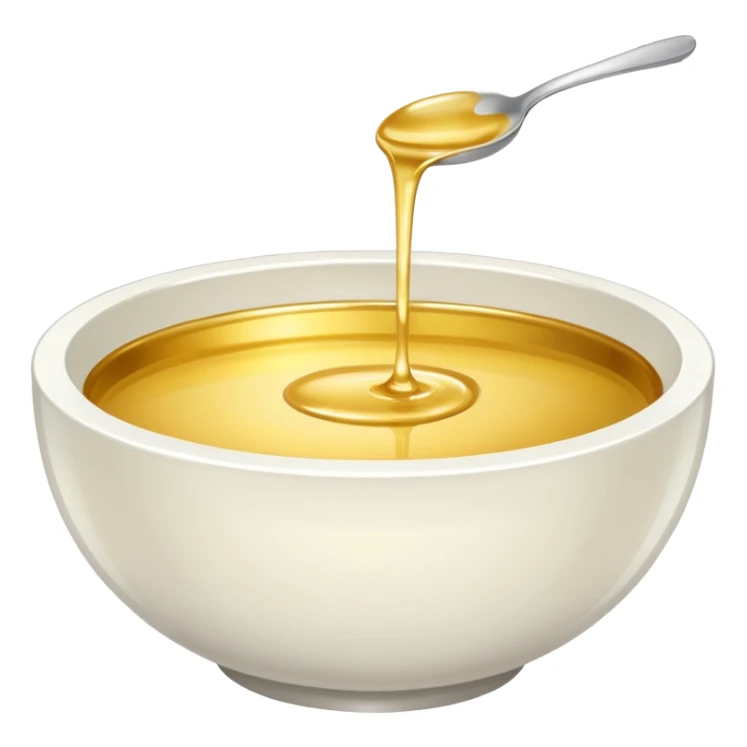 white bowl of gold liquid, shiny, smooth, no spoon, simple, clear sticker