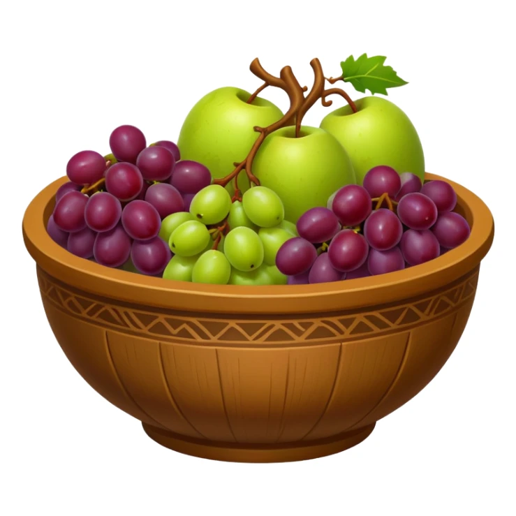 medieval fruit bowl object icon, grapes apples pears, clay bowl, warm rustic look, 3D cartoon, mobile game icon style, clean background, no text, no watermark
 sticker