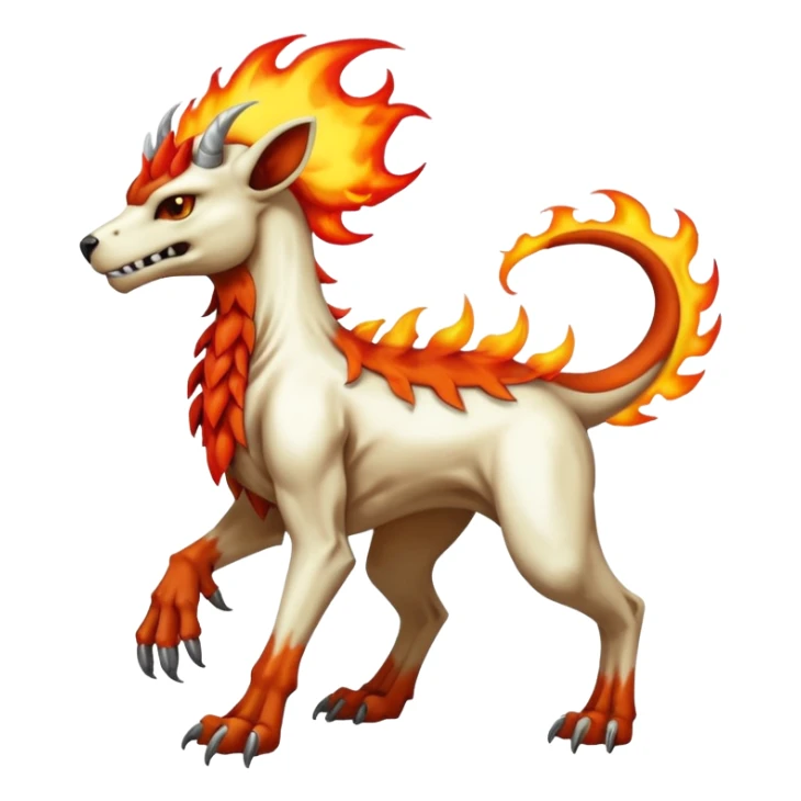 Badass white skeletal cool shiny Houndoom-Charmeleon-Fakémon-hybrid-creature (full body)  with flamey Mohawk  sticker