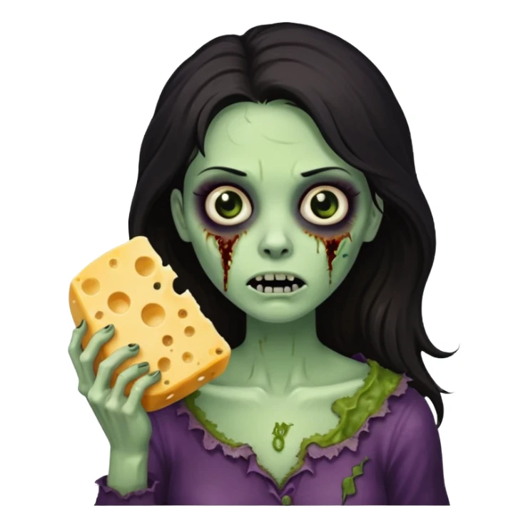 dark haired woman zombie holding moldy cheese piece sticker