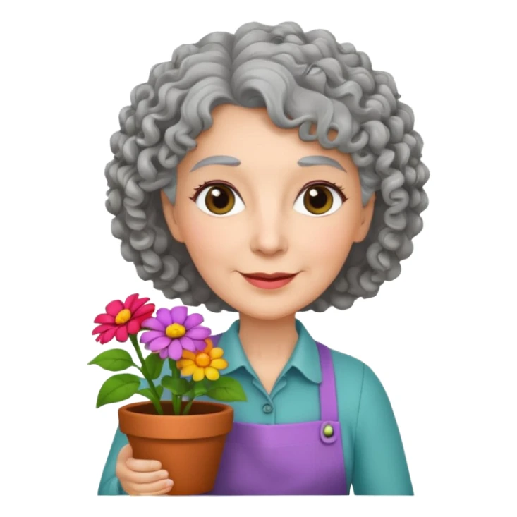Older female florist – curly hair, hold flower pot sticker