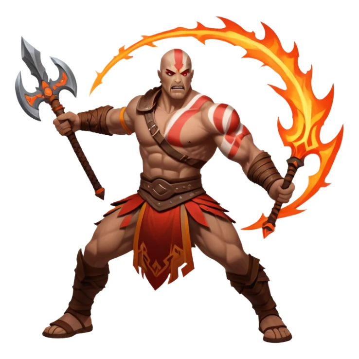 An icon showing a powerful warrior wielding a weapon, ready for battle, inspired by God of War: Ragnarok. The design captures the strength and determination of the character, with dynamic motion lines and a fiery, epic background. Transparent background highlights the action sticker