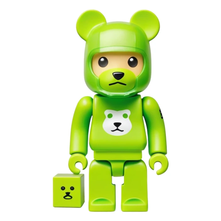 geometric bearbrick figurine with cube-shaped head, lime green balaclava with Supreme box logo on it, expressive eyebrows visible, toy design sticker