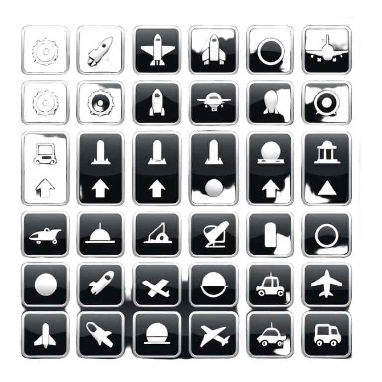 square minimal icons, space semiotic, black print on white background, square outline icons, minimalist symbols, transportation, economy, engineering, industry. Designed for signage.  sticker