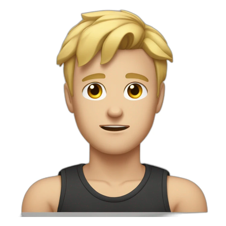 light haired white young man in dark t-shirt with both fists clenched to his forehead in loss sticker